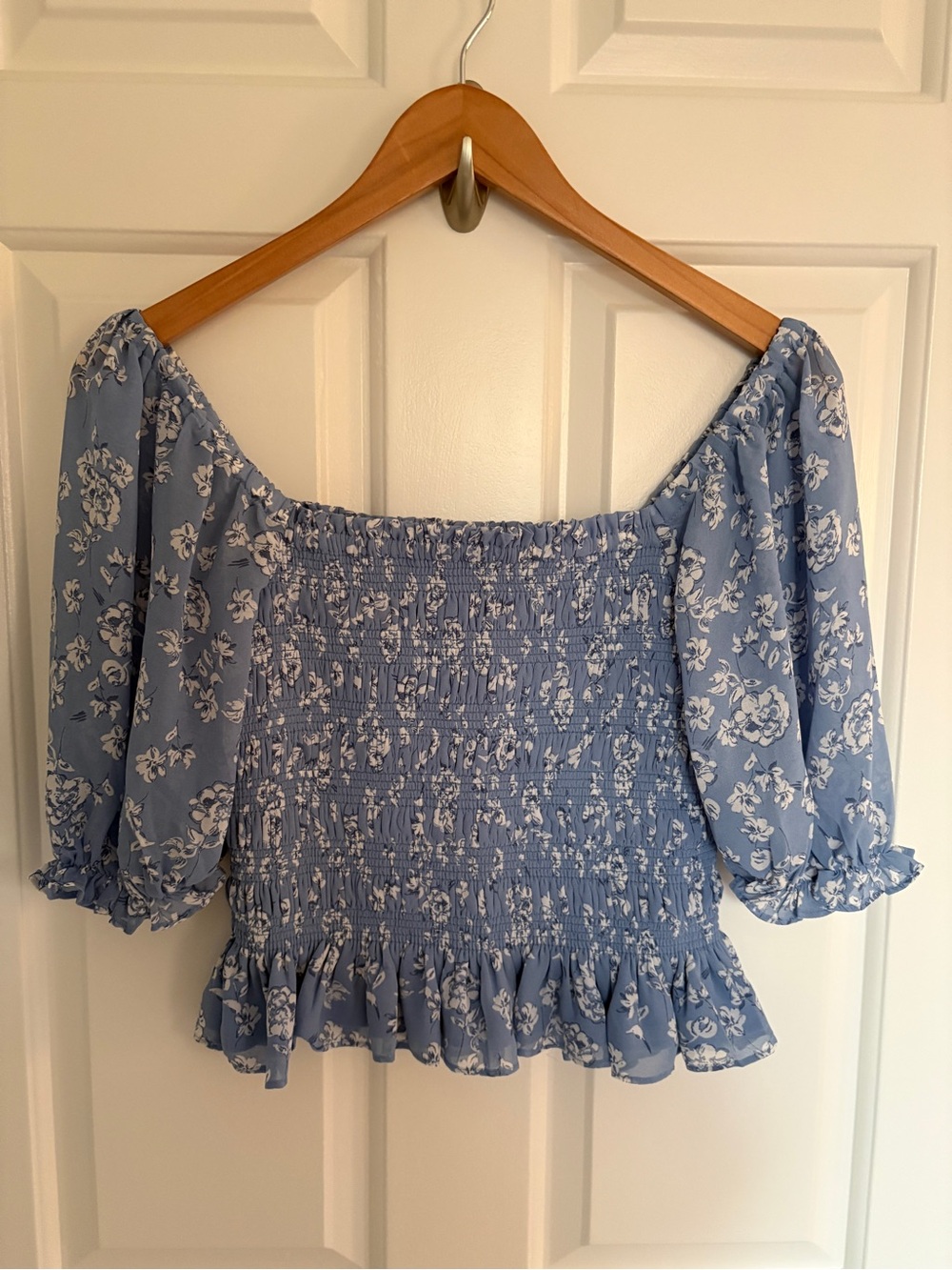 Wayf Small Light Blue Floral Smocked Crop Top